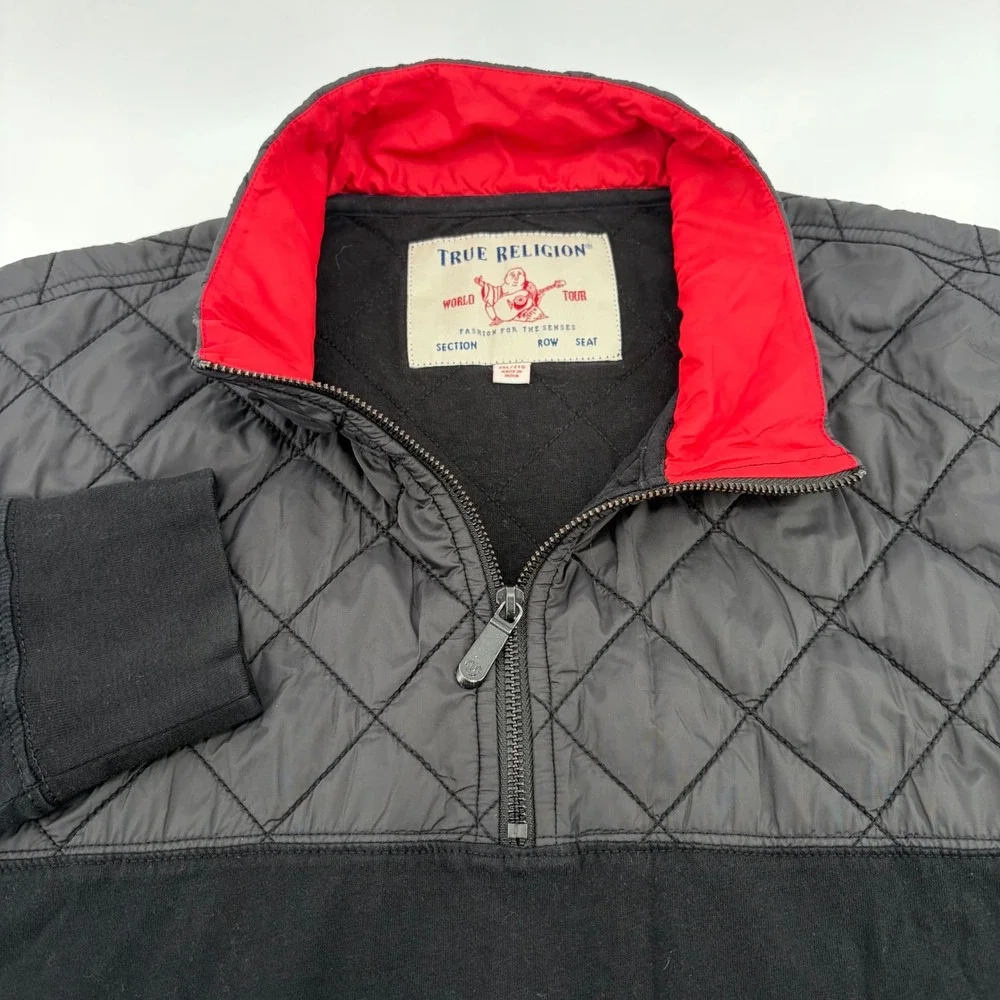 True Religion Mens Black Quilted Mixed Media Quarter Zip Pullover Sweatshirt 2XL